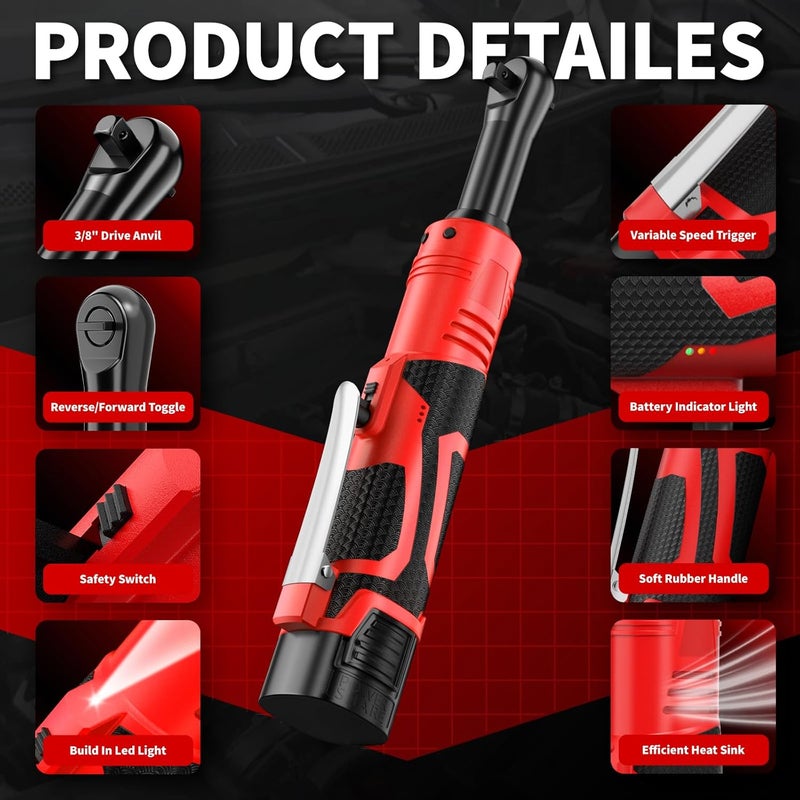 FULLYEA Electric Ratchet Wrench Set,40 Ft-lbs, 550 RPM, 16.8V Cordless Ratchet Wrench 3/8", Variable Speed Power Ratchet Tool Kit with 1/4" Adapter, LED Light, 2 * 2.0Ah Batteries and Fast Charger - Image 2